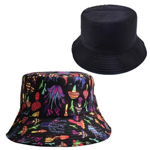 Close-up of mushroom digital print bucket hat with reinforced stitching on the brim