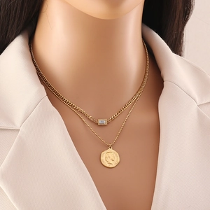 Double-layered gold coin necklace with rectangular zircon and vintage coin pendant