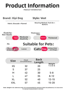 Tableau des tailles détaillé pour gilet de Nouvel An pour animaux avec mesures