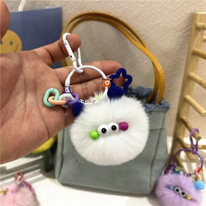 Cute fuzzy coal ball plush keychain with colorful letter beads for bags and keys