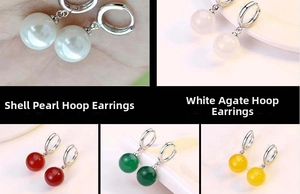 Detail showing five colors of agate and shell pearl spherical hoop earrings in silver