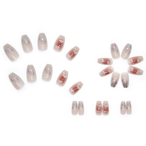 Translucent red gradient ballet press-on nails with glitter clouds and stars patterns