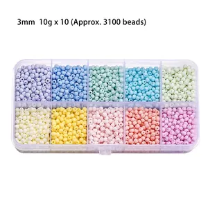 Detailed view of 3mm macaron glass seed beads in 10 compartment box for DIY jewelry