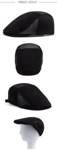 Multiple views of breathable black mesh beret with embroidery and vintage visor