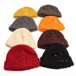 Knit beanie set with distressed holes and metal rings available in 8 classic colors