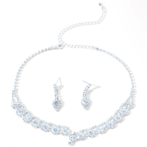 Luxury silver flower bridal jewelry set with sparkling zircon necklace and drop earrings