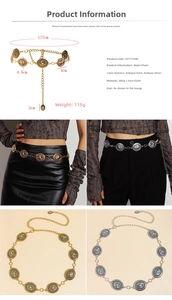 Detail view of vintage bohemian waist chain with sun pattern engravings and turquoise accents