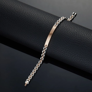 Minimalist silver and rose gold stainless steel watch band bracelet with engravable bar