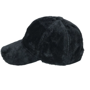 Close-up of black faux fur baseball cap with plush vertical texture and curved brim