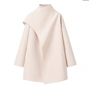Women's light pink wool coat with a minimalist asymmetric scarf collar and long sleeves