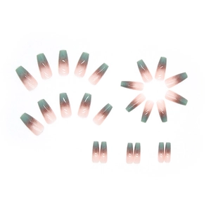 French style ballet fake nails with long coffin shape and three-color gradient glossy finish