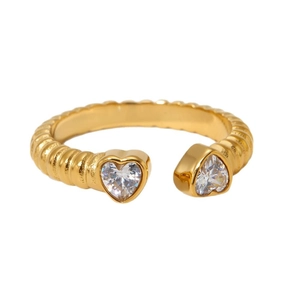 18K gold plated stainless steel open ring with heart cubic zirconia and textured band