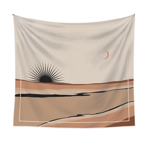 Detailed texture of bohemian tapestry with abstract sun and desert landscape patterns