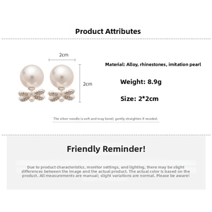 Detailed specs of pearl bow earrings with dimensions and material info on white background