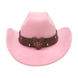 Detailed view of pink suede cowboy hat with vintage heart rhinestone buckle and leather band
