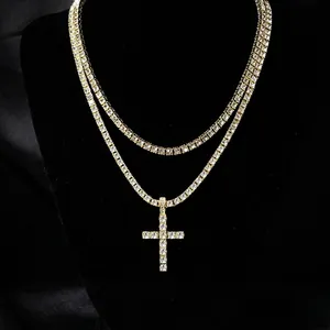 Hip Hop Cross Pendant Necklace For Men Zinc Alloy Pave Rhinestone Tennis Chain Rope Chain Jewelry Gift