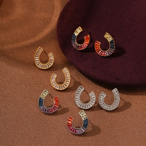 Baguette Cubic Zirconia C Shaped Hoop Earrings Stainless Steel Colorful Rainbow Retro French Style For Women
