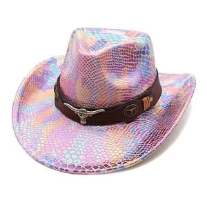 Colorful holographic snake pattern cowboy hat with metal longhorn skull and leather band