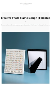 Detailed view of gray velvet ring display stand with multiple slots in a black photo frame