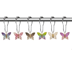 Set of six decorative butterfly shower curtain hooks with vibrant multicolored gradient wings