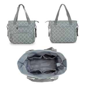 Grey 7-piece diaper bag set featuring clover pattern and multiple storage compartments