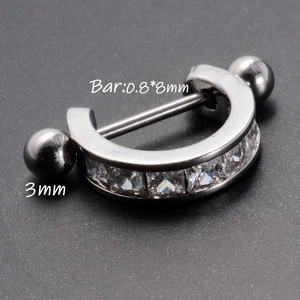 Silver stainless steel horseshoe ring with cubic zirconia and 0.8x8mm bar dimensions