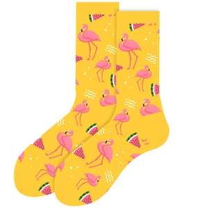 Yellow mid-calf crew socks with cute pink flamingo and watermelon cartoon patterns
