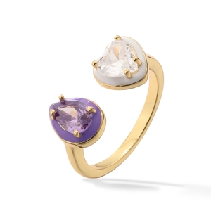 Golden open ring with heart-shaped purple and white gems in enamel frames on white background