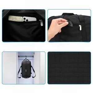 Black multifunctional 14-inch gym bag with durable synthetic fabric and multiple pockets