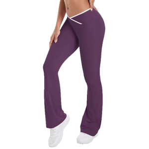 High-waisted purple yoga flare pants with cross V-waist and white piping trim