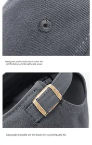Detailed view of gray baseball cap featuring metal buckle and embroidered eyelets