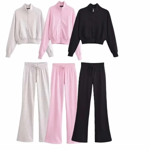 Women cotton zip-up collar sweatshirt and flared sweatpants set in gray, pink, and black