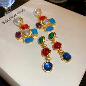 Boucles D'oreilles Baroques Vintage Avec Tige En Argent Sterling 925 Alliage Résine Pierre Colorée Künstliche Perle Imitation