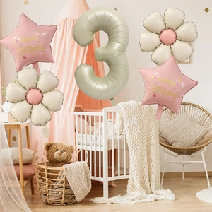 Cream number 3 balloon set with pink stars and white daisy flowers for birthday party