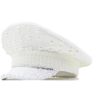 White Sequin Captain Hat With Artificial Pearls Rhinestones Luxury Vintage Military Style For Bridal Party Stage Performance