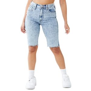 Short en jean taille haute bleu clair pour femme avec ourlet effiloché et coupe ajustée