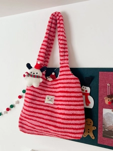 Pink and red striped plush tote bag with dog pendant and fa far pretty label