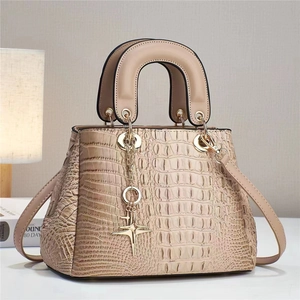 Detailed macro shot of beige crocodile pattern texture and star charm on handbag