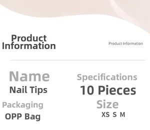 Tableau des tailles détaillé pour ongles à presser avec tailles XS, S, M et emballage