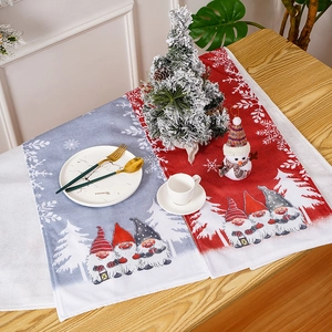 Decorative Christmas table runner featuring cartoon forest gnomes and snowflakes for holiday decor