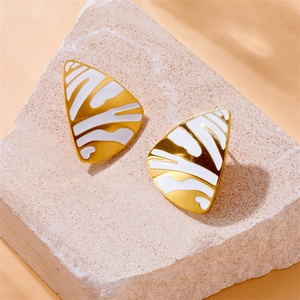 Vintage stainless steel geometric triangle earrings with white enamel and golden finish