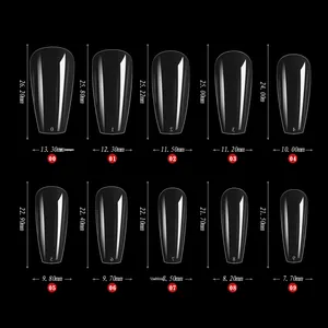 Guía de tallas con 10 dimensiones para puntas de uñas transparentes trapezoidales