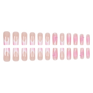 French pink gradient press-on nails with 3D flowers and silver studs in coffin shape
