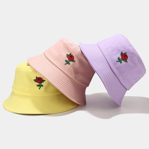 Breathable cotton sun hat with red rose embroidery in yellow, pink and purple colors
