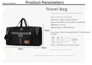 Macro detail of large black travel duffle bag showing 70x26x33cm size and specifications