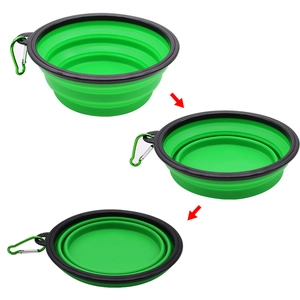 Collapsible silicone pet bowl with carabiner showing three-stage folding mechanism