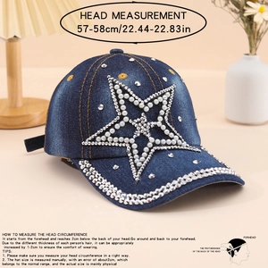 Casquette de baseball en jean bleu foncé avec étoile en strass et taille 57-58cm