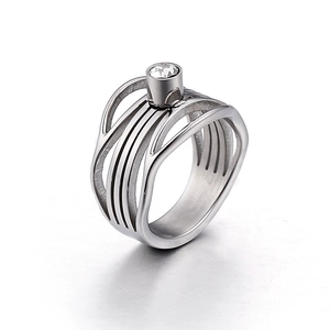 Minimalist silver titanium steel hollow ring with sparkling white cubic zirconia stone