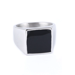 Minimalist silver stainless steel square signet ring with black enamel inlay for men