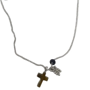 Retro stainless steel necklace with brown cross, metallic beads, and star pendant charms